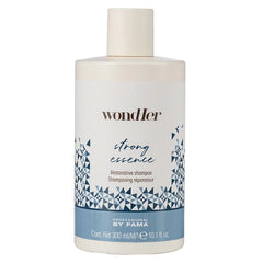 Shampoo bottle with white label, blue geometric band, and white pump cap