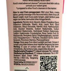 Pond's facial foam back label with usage directions, ingredients list, and QR code