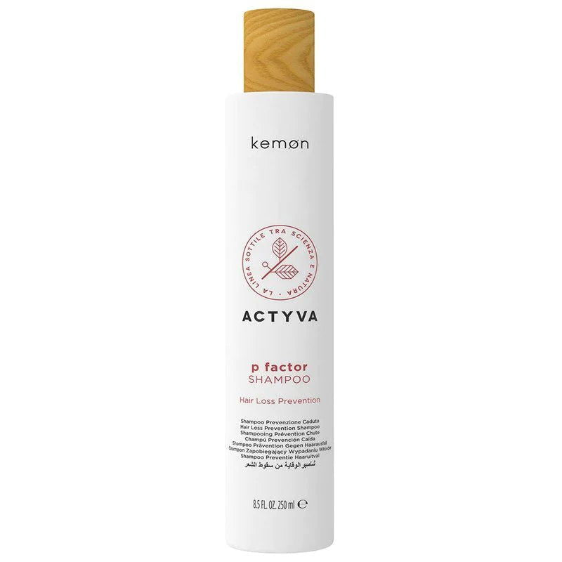 Shampoo bottle with wooden cap, ACTYVA p factor hair loss prevention label, 250 ml