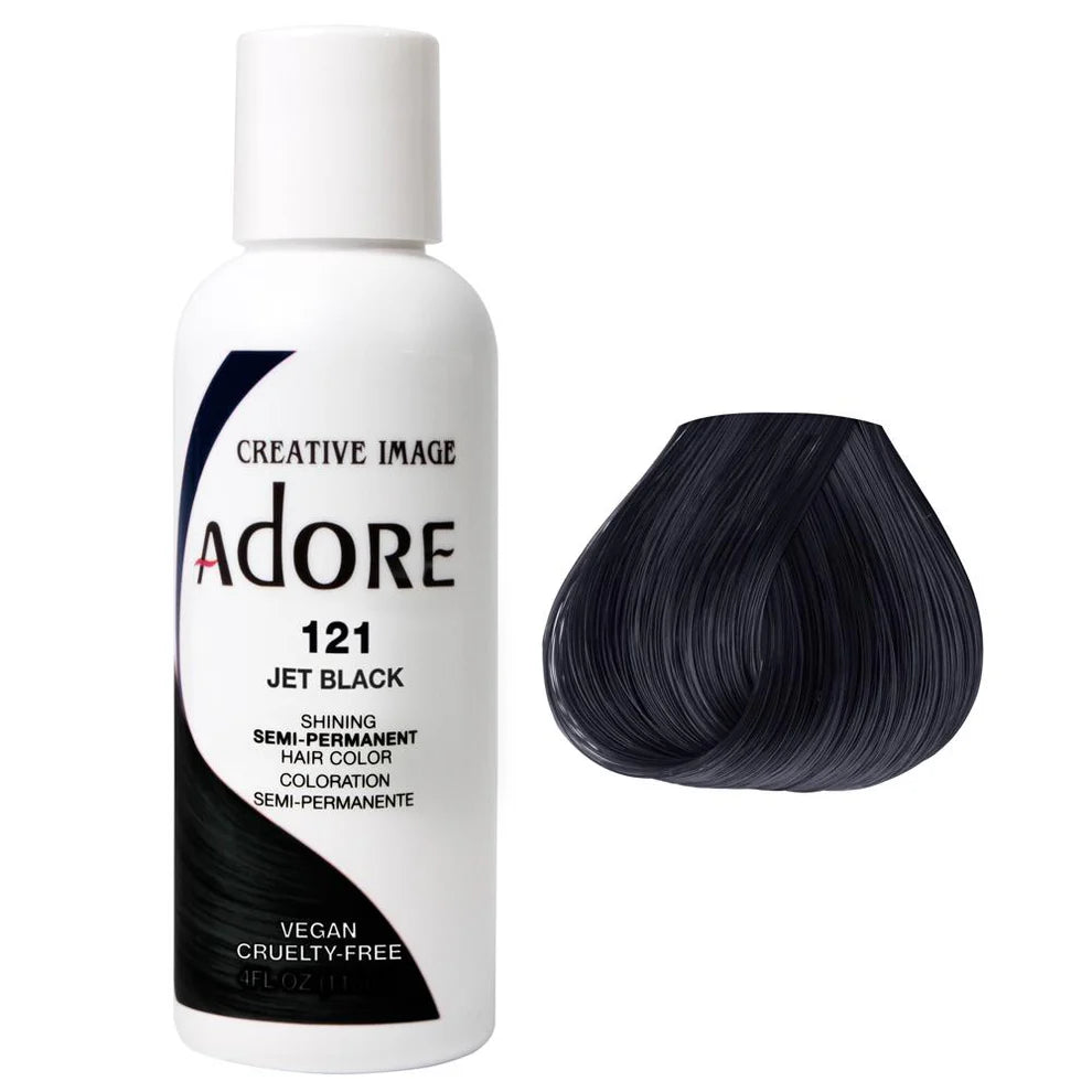 ADORE semi-permanent hair color bottle in jet black, with color swatch.