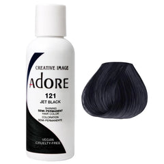 ADORE semi-permanent hair color bottle in jet black, with color swatch.
