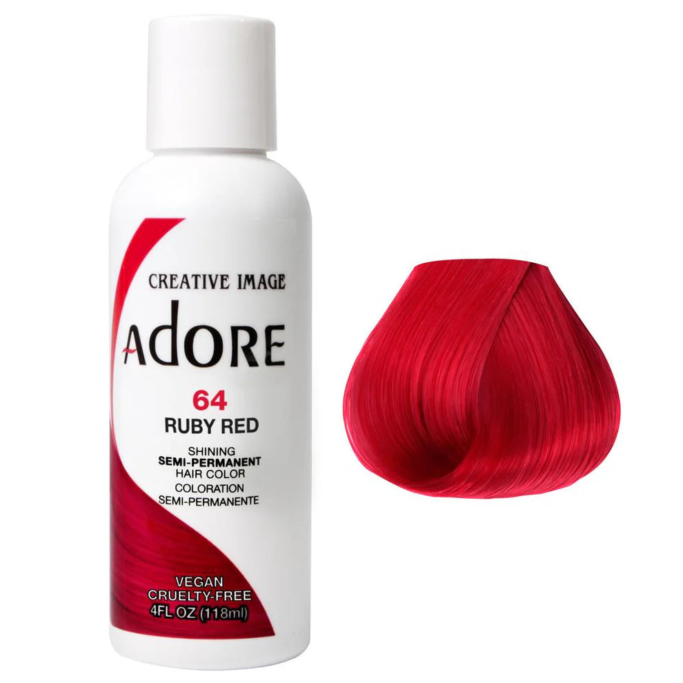 Ruby red semi-permanent hair dye bottle with red hair color swatch
