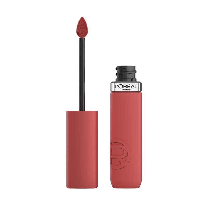 Matte liquid lipstick with doe-foot applicator, red-brown shade, capped tube and wand