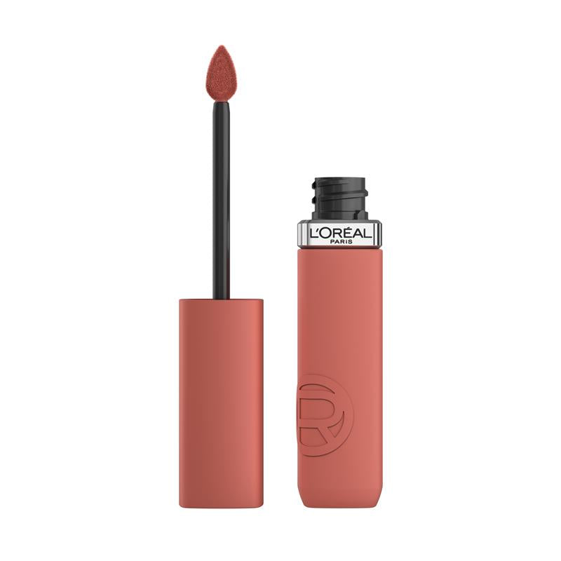 L'Oreal Paris matte liquid lipstick in Rose Heat 630, open tube and lip applicator