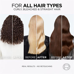 Before-and-after hair results for curly, bleached, and straight hair types