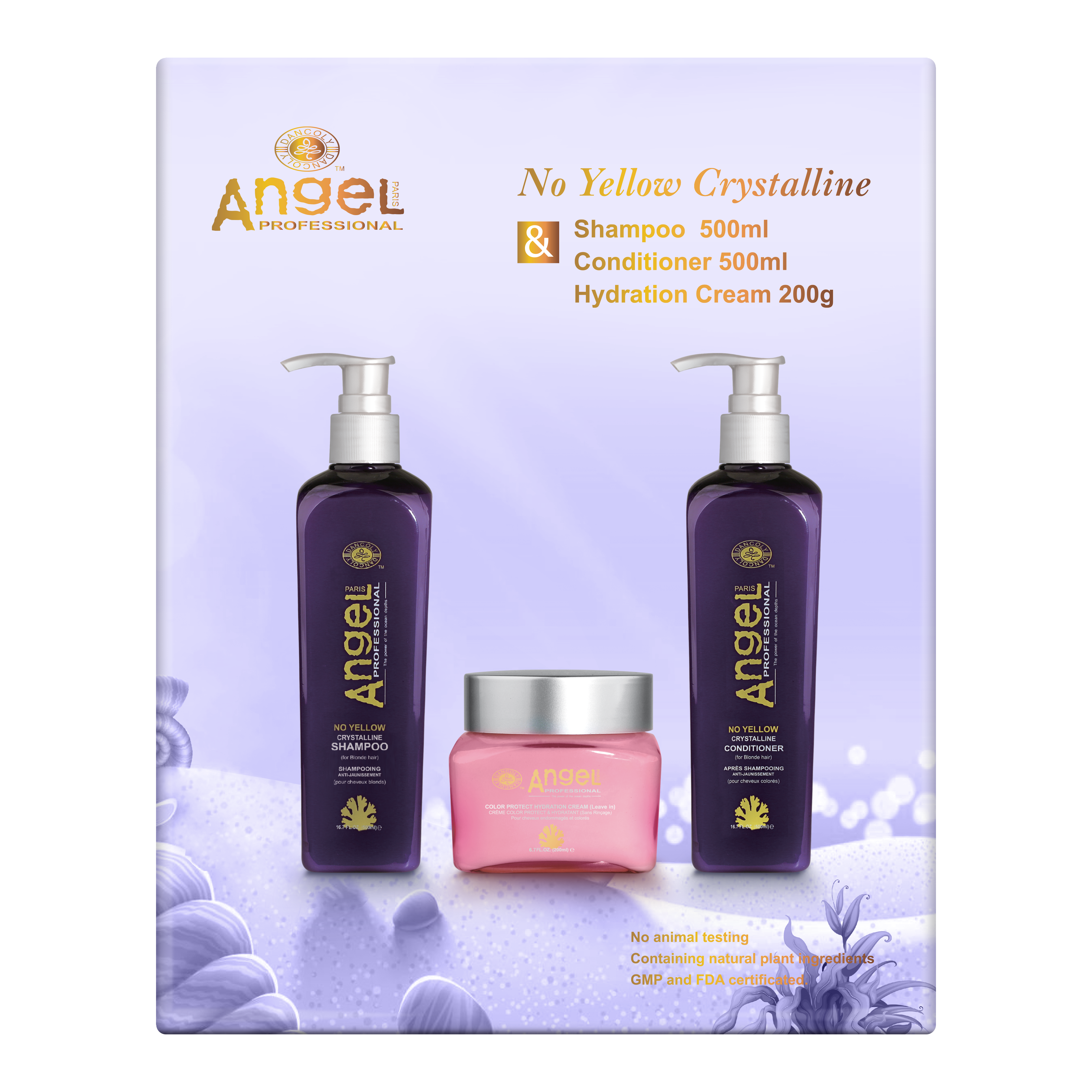 Crystalline skincare trio pack: two purple pump bottles and a pink jar cream.