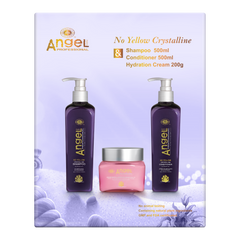 Crystalline skincare trio pack: two purple pump bottles and a pink jar cream.