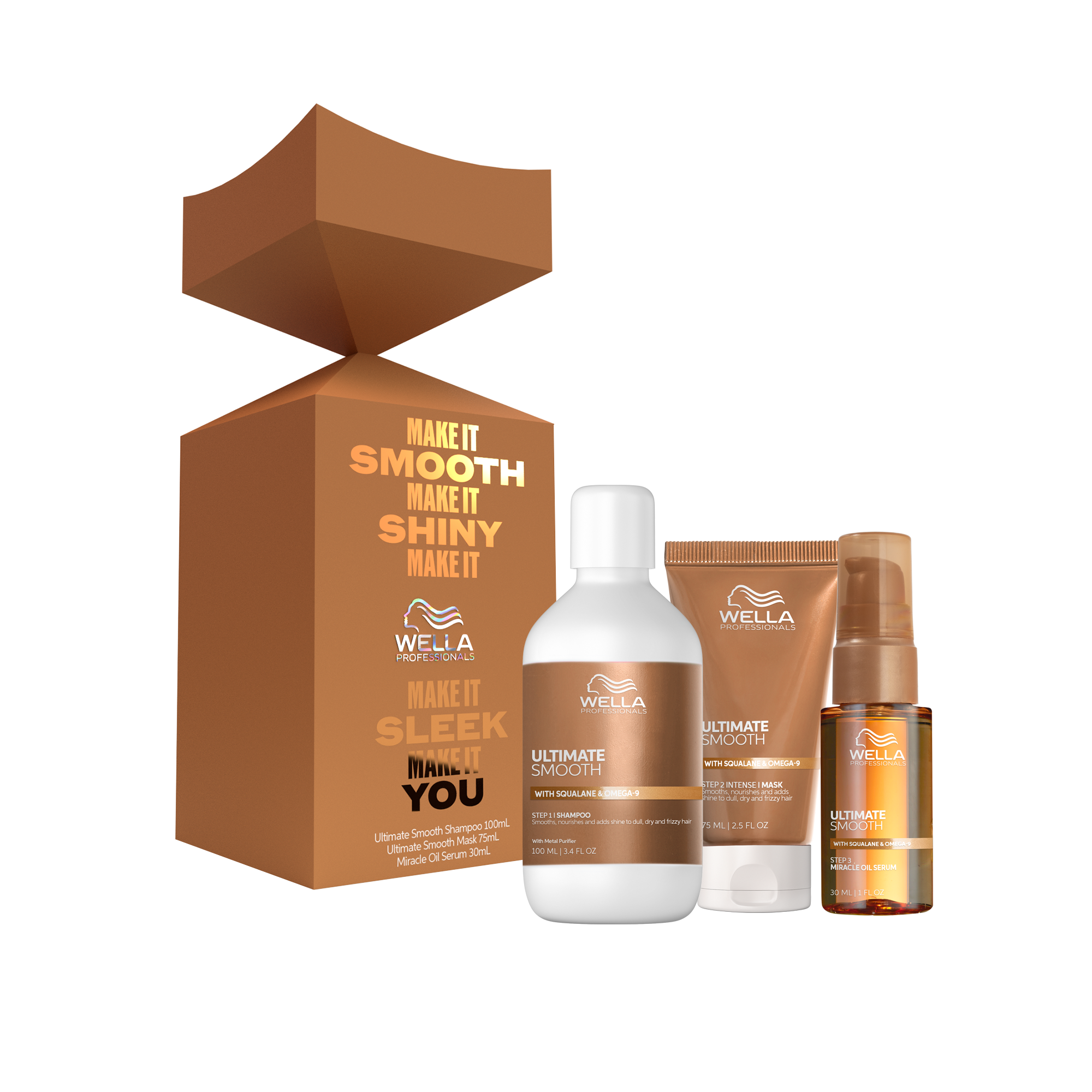 Wella Ultimate Smooth travel trio gift set with 3 bottles and box