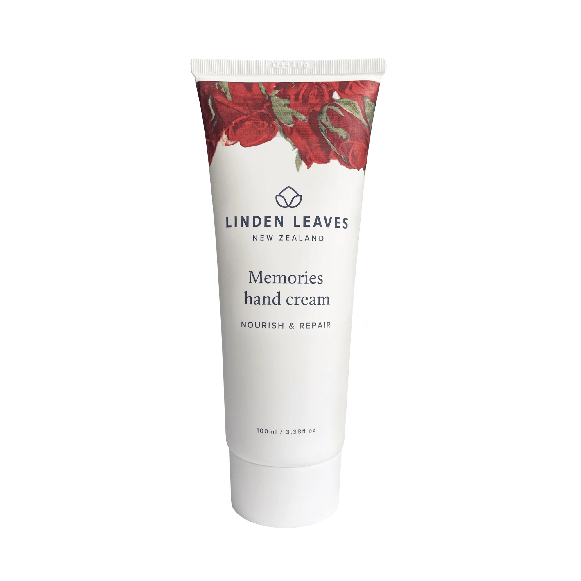 Linden Leaves Memories hand cream tube, white with red floral wrap, 100 ml.