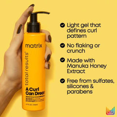 Yellow gel bottle with black pump held by hand, Matrix total results label