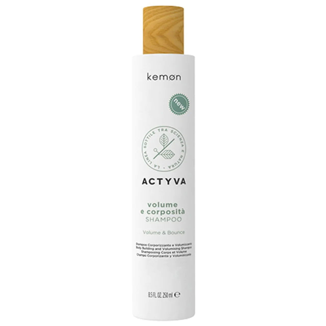 Actyva volume & bounce shampoo bottle, white with wood-look cap, 250 ml