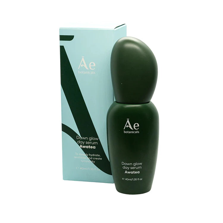 Āe Botanicals Dawn Glow day serum, dark green bottle with box, 40 ml