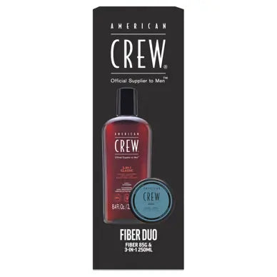 American Crew Fiber Duo set box with red bottle and blue fiber jar, 3-in-1