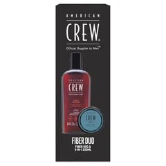 American Crew Fiber Duo set box with red bottle and blue fiber jar, 3-in-1
