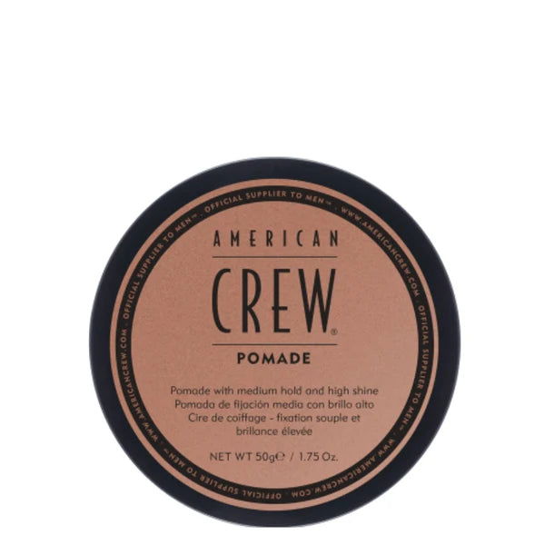 Hair pomade jar lid with black rim and brown label, American Crew Pomade text