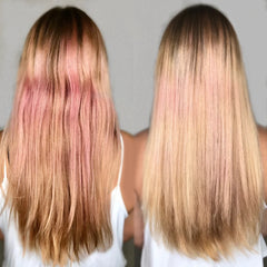Two back views of hair: left pinkish-red, right light blonde