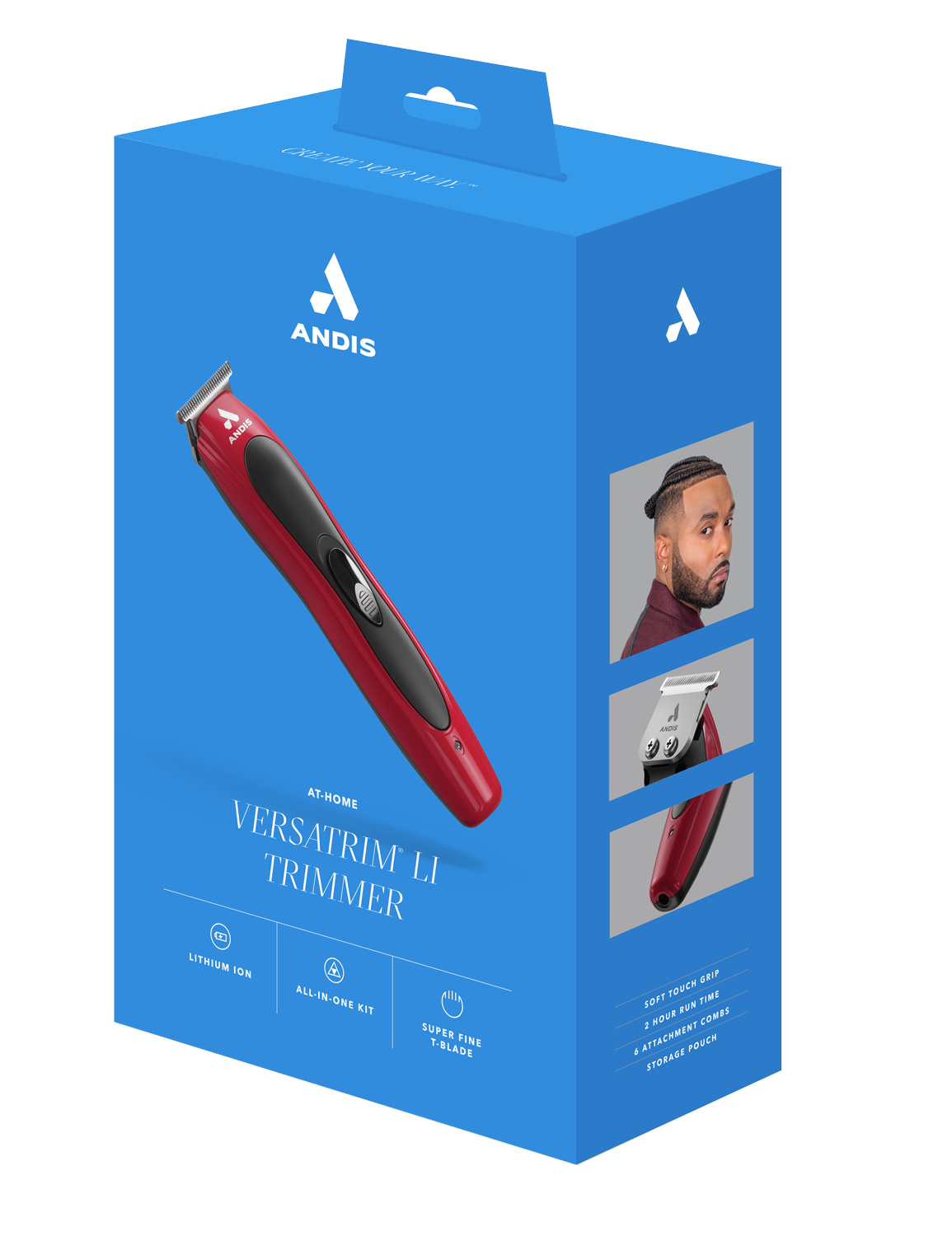 Andis Versatrim Li trimmer 12-piece kit in blue retail box with red/black trimmer