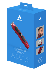 Andis Versatrim Li trimmer 12-piece kit in blue retail box with red/black trimmer