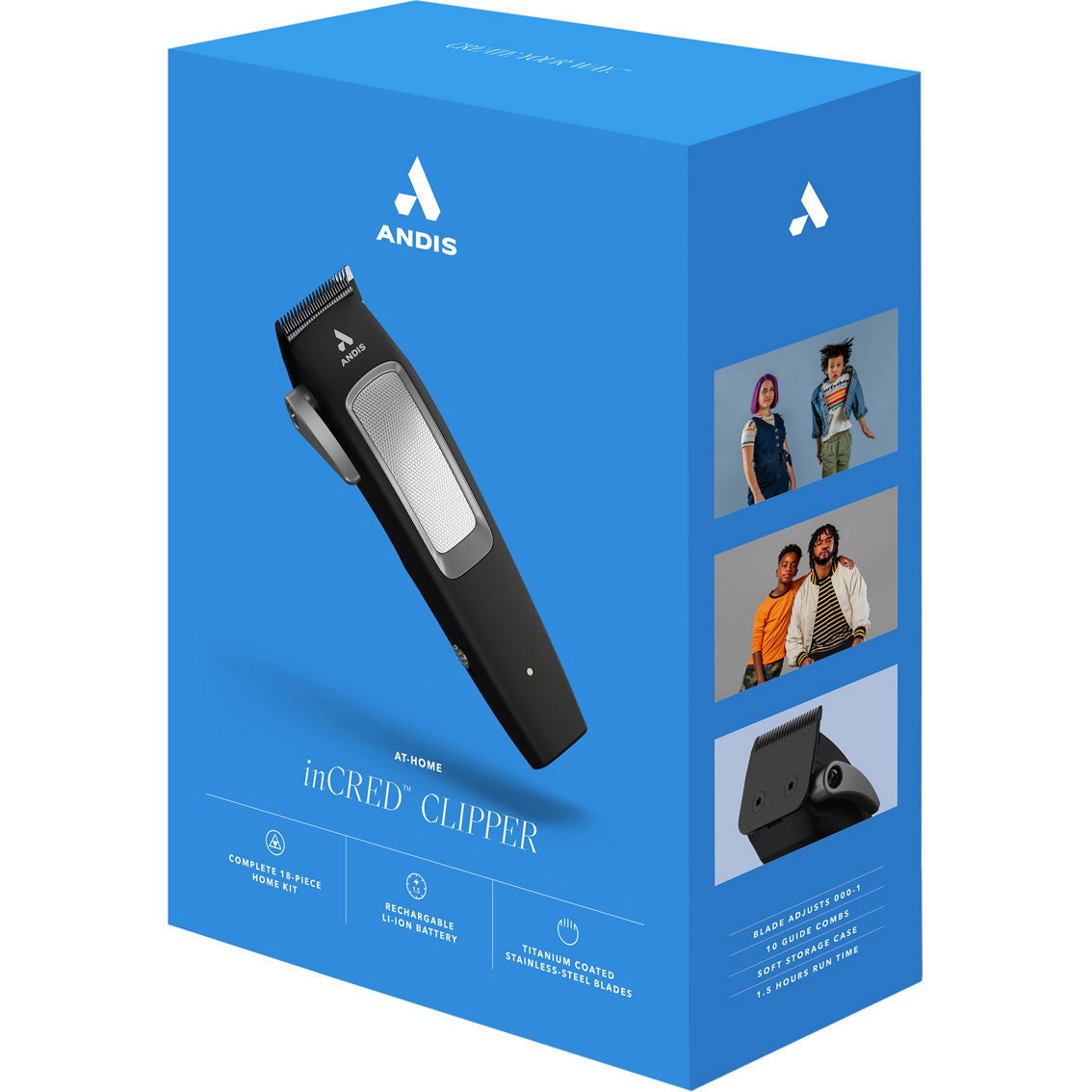 Andis inCRED clipper with black handle, rectangular blade, in retail kit packaging