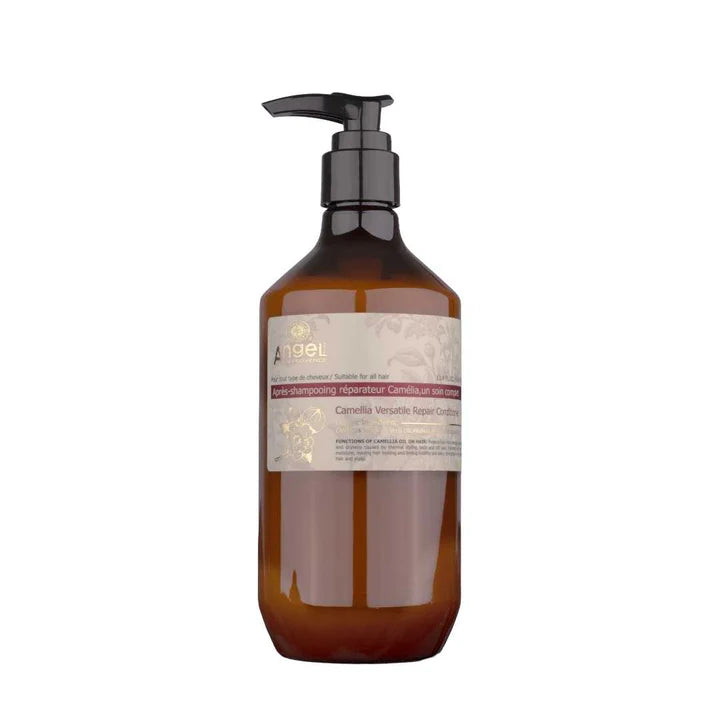 Hair conditioner pump bottle with amber liquid and Angel Camellia label