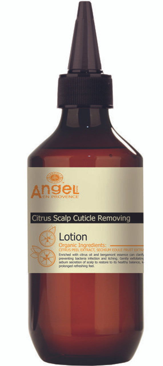 Citrus scalp cuticle removing lotion bottle with black pump cap, amber liquid, Angel branding