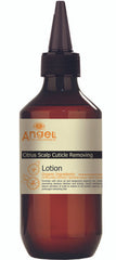 Citrus scalp cuticle removing lotion bottle with black pump cap, amber liquid, Angel branding