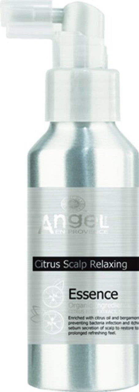 Scalp relaxing essence bottle with pump, silver label reading Citrus Scalp Relaxing Essence