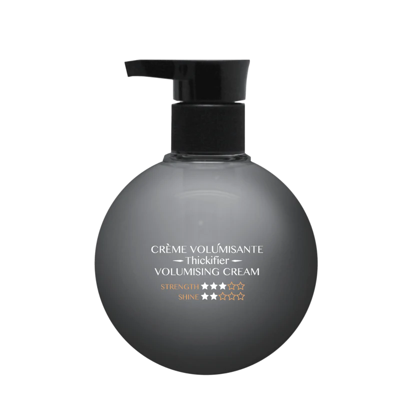 Angel volumising cream pump bottle with dark gray spherical container and front label