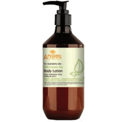 Angel En Provence green tea body lotion, amber bottle with black pump dispenser