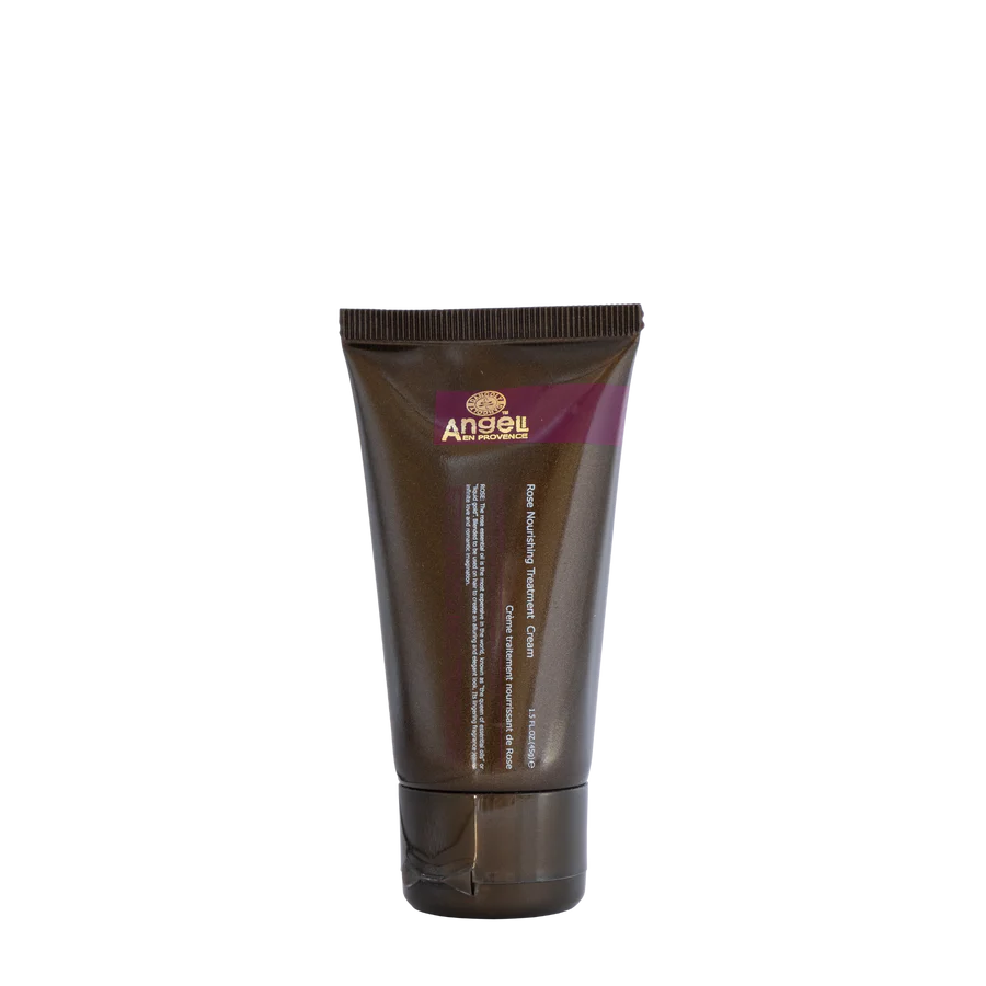 Rose nourishing treatment cream tube with flip-top cap, brown tube and purple label