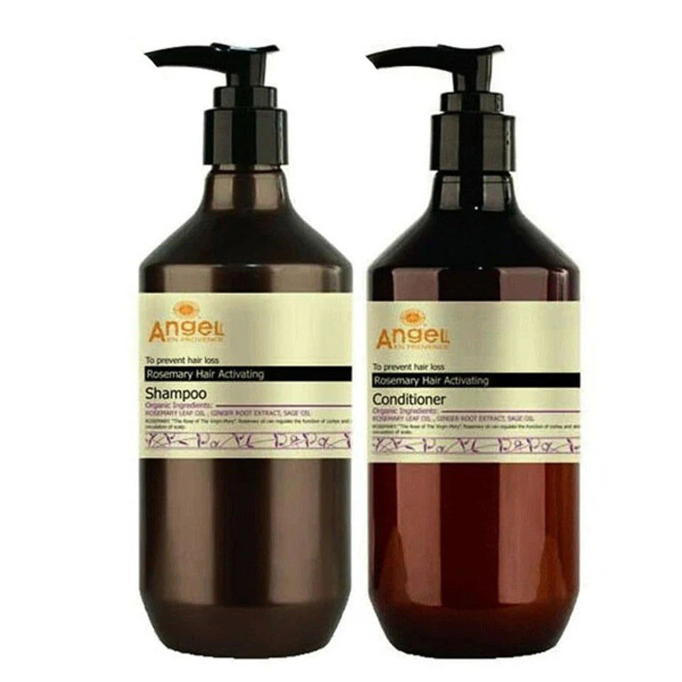 Angel en Provence rosemary hair shampoo and conditioner duo bottles with black pump