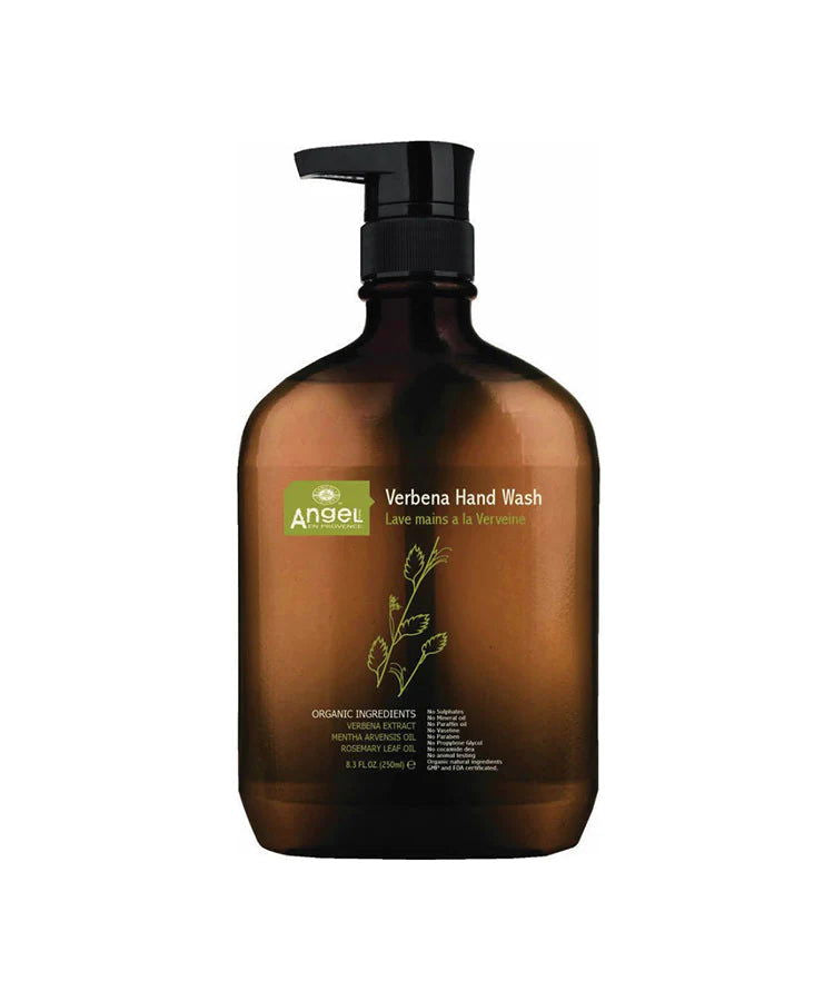 Angel verbena hand wash bottle with black pump dispenser, amber glass color.