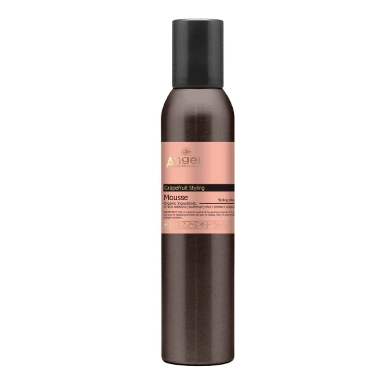 Angel grapefruit styling mousse bottle, brown glass with black pump cap, front label