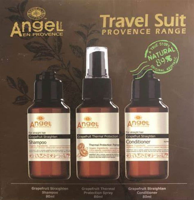 Grapefruit travel trio bottles: shampoo, thermal spray, conditioner