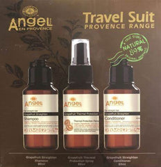 Grapefruit travel trio bottles: shampoo, thermal spray, conditioner