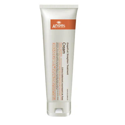 Angel grapefruit hair straightening treatment cream tube, white with flip-top cap