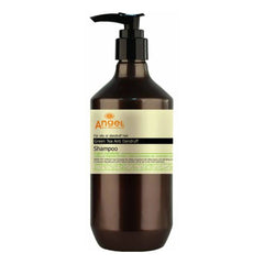 Brown shampoo bottle with black pump, label for anti-dandruff green tea