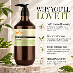 Angel green tea anti-dandruff shampoo, 400 ml pump bottle with cleansing scalp care