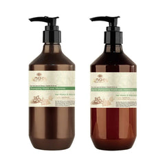Hair care bundle bottles: brown and dark brown liquids with black pump dispensers