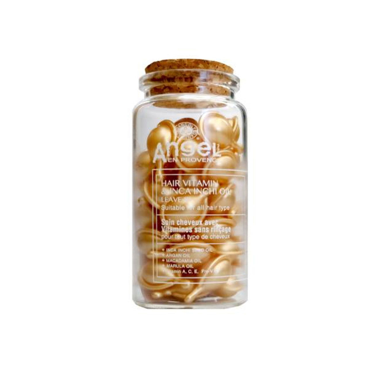 Angel hair vitamin leave-in capsule bottle with clear jar and golden capsules