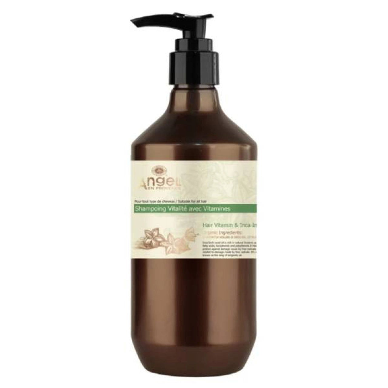Angel shampoo bottle with pump dispenser, amber plastic with beige label