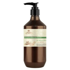 Angel shampoo bottle with pump dispenser, amber plastic with beige label