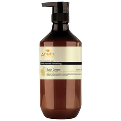 Bath cream bottle with pump, dark amber glass and beige label