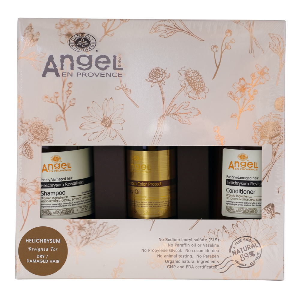 Helichrysum silky oil trio haircare set in box with three product bottles