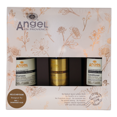 Helichrysum silky oil trio haircare set in box with three product bottles