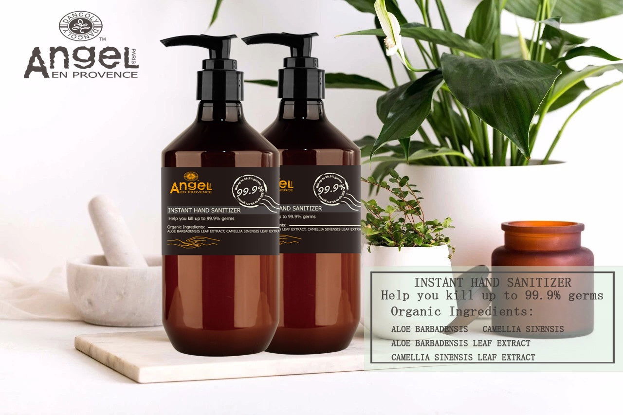 Angel Instant Hand Sanitizer bottles, amber pump dispensers, 400 ml