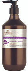 Angel Iris restorative shampoo bottle with pump, brown glass, beige label