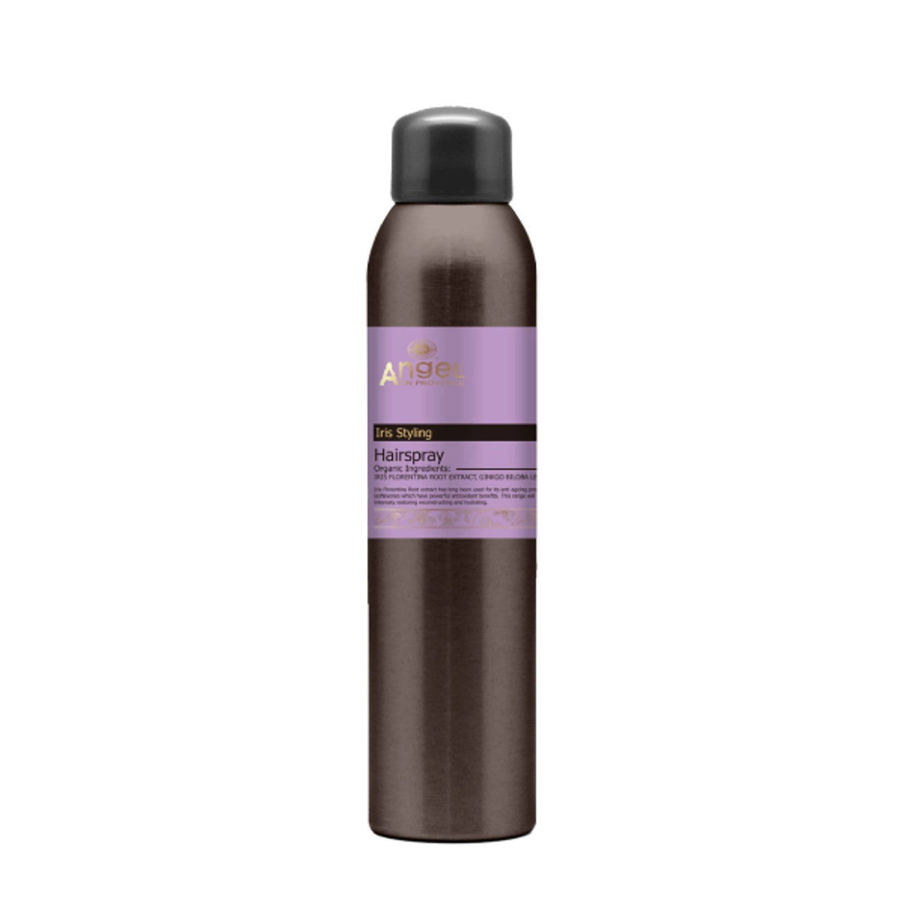 Angel Iris Styling hairspray bottle with black cap