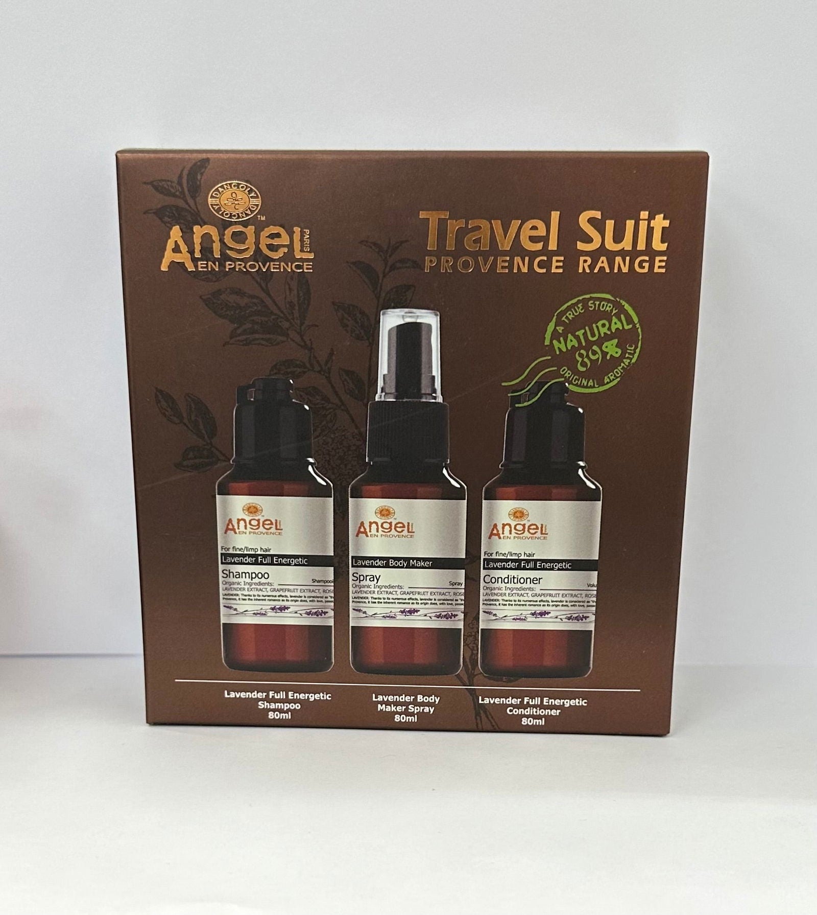 Lavender travel kit with three bottles in box, brown glass and black caps