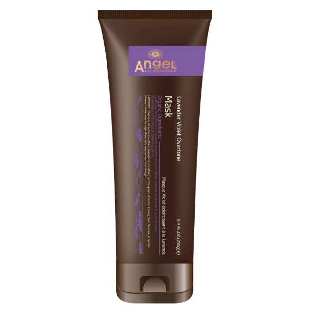 Lavender violet hair mask in a brown plastic squeeze tube with purple Angel label